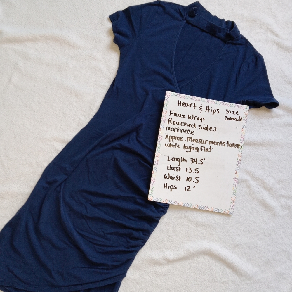 5 for $10 Heart & Hips Navy Faux Wrap Mock Neck Rouched Side Bodycon Dress small - Picture 7 of 7